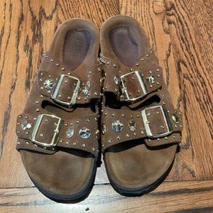 Maje Studded Buckled Suede Sandals In Brown 36